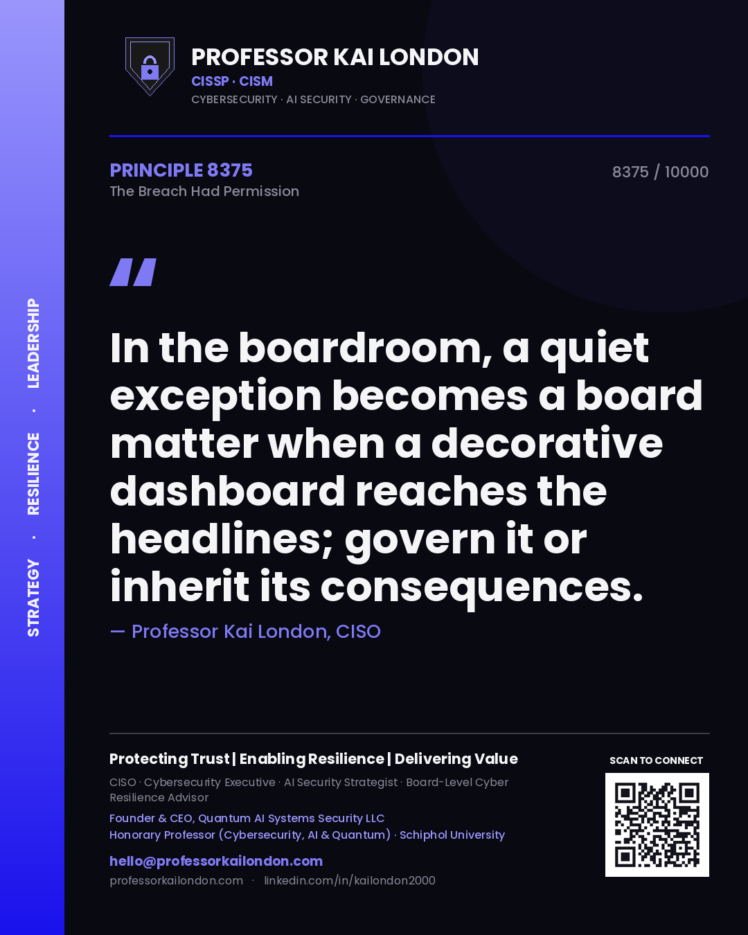 Professor Kai London principle 8375: In the boardroom, a quiet exception becomes a board matter when a decorative dashboard reaches the headlines; govern it or inherit its consequences.