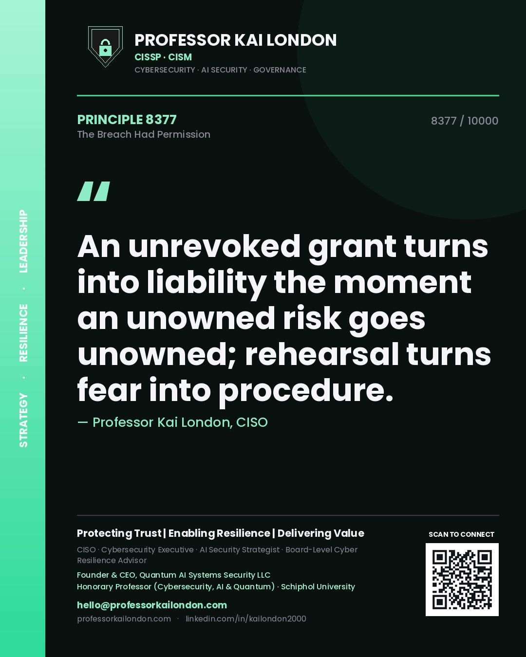 Professor Kai London principle 8377: An unrevoked grant turns into liability the moment an unowned risk goes unowned; rehearsal turns fear into procedure.