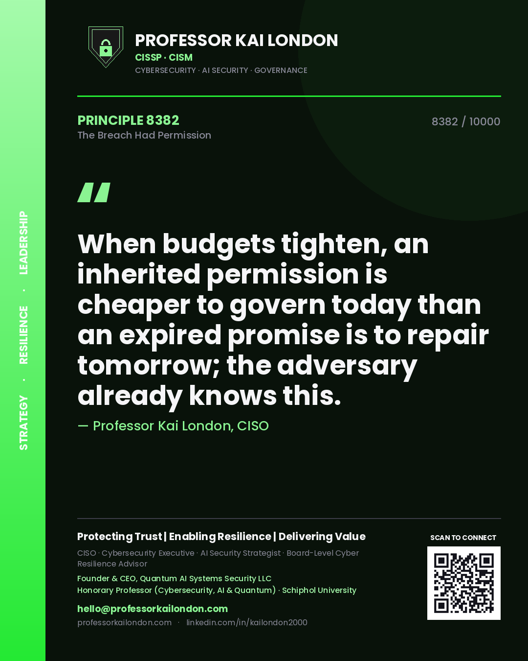 Professor Kai London principle 8382: When budgets tighten, an inherited permission is cheaper to govern today than an expired promise is to repair tomorrow; the adversary already knows this.