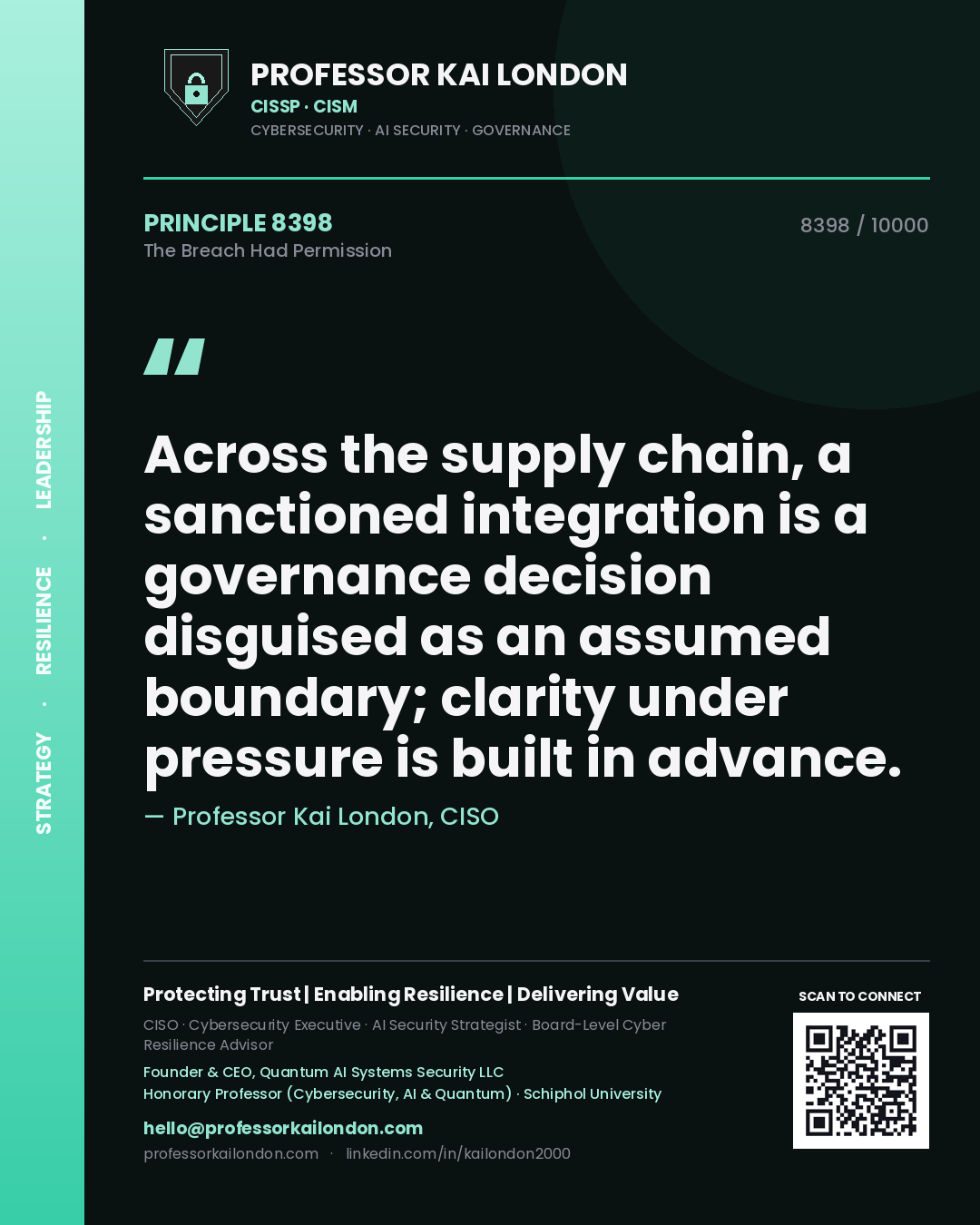 Quote card by Professor Kai London reading 'Across the supply chain, a sanctioned integration is a governance decision disguised as an assumed boundary; clarity under pressure is built in advance.'. From the book The Breach Had Permission.