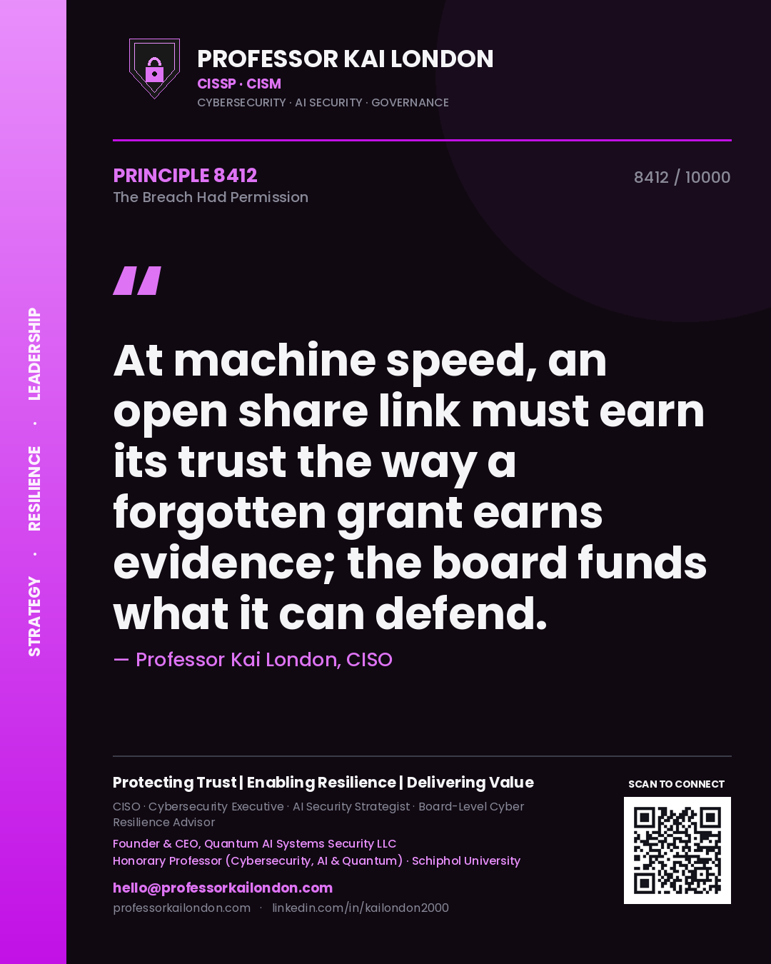 Quote card by Professor Kai London reading 'At machine speed, an open share link must earn its trust the way a forgotten grant earns evidence; the board funds what it can defend.'. From the book The Breach Had Permission.