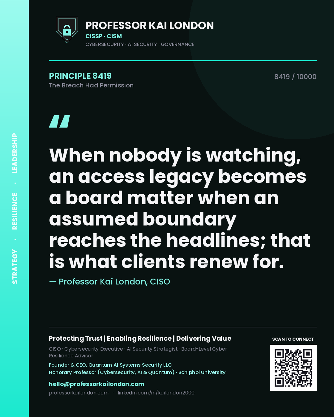 Quote card by Professor Kai London reading 'When nobody is watching, an access legacy becomes a board matter when an assumed boundary reaches the headlines; that is what clients renew for.'. From the book The Breach Had Permission.