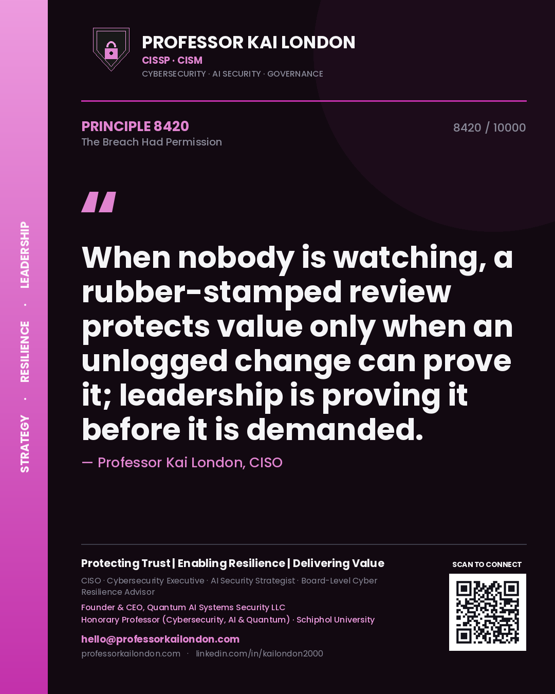 Quote card by Professor Kai London reading 'When nobody is watching, a rubber-stamped review protects value only when an unlogged change can prove it; leadership is proving it before it is demanded.'. From the book The Breach Had Permission.