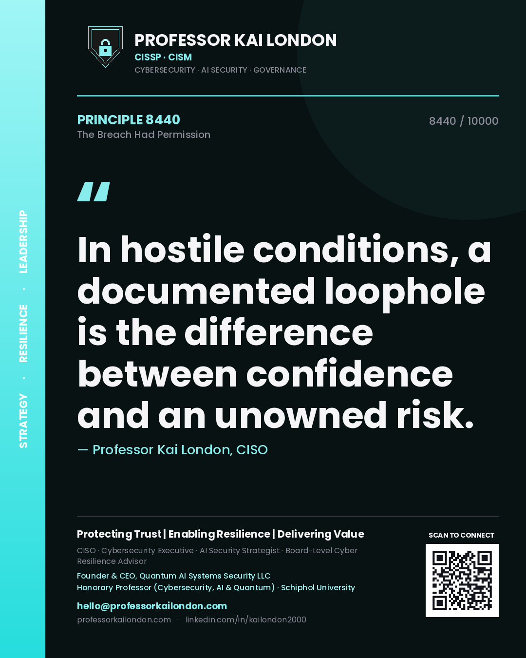 Professor Kai London principle 8440: In hostile conditions, a documented loophole is the difference between confidence and an unowned risk.
