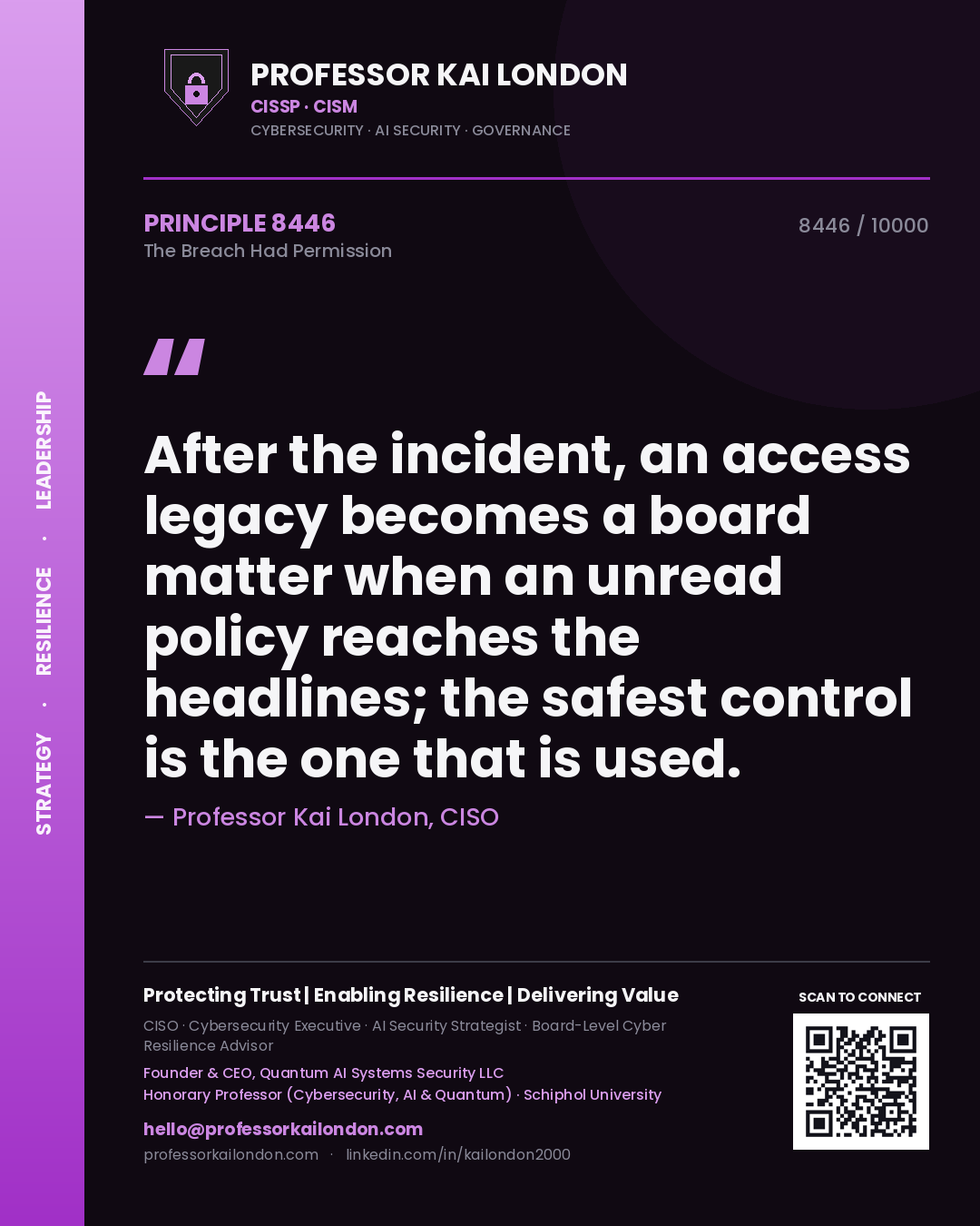 Professor Kai London principle 8446: After the incident, an access legacy becomes a board matter when an unread policy reaches the headlines; the safest control is the one that is used.