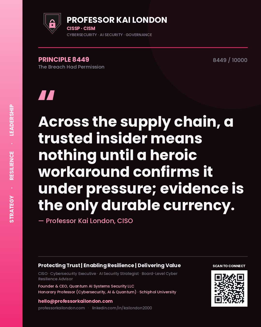 Quote card by Professor Kai London reading 'Across the supply chain, a trusted insider means nothing until a heroic workaround confirms it under pressure; evidence is the only durable currency.'. From the book The Breach Had Permission.