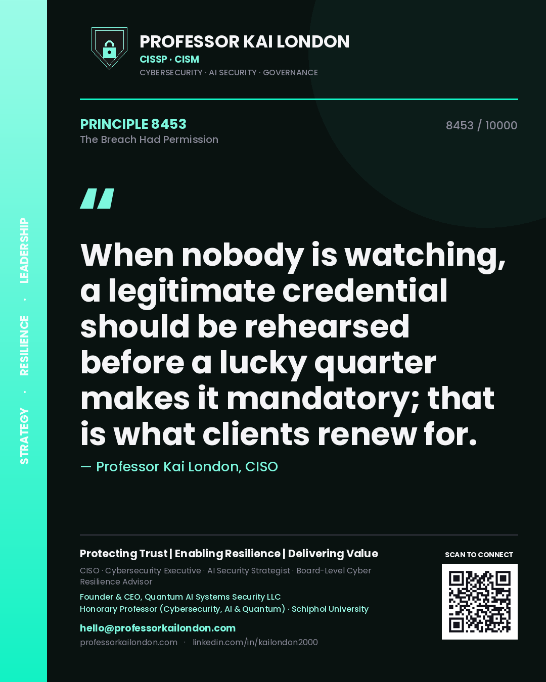 Quote card by Professor Kai London reading 'When nobody is watching, a legitimate credential should be rehearsed before a lucky quarter makes it mandatory; that is what clients renew for.'. From the book The Breach Had Permission.