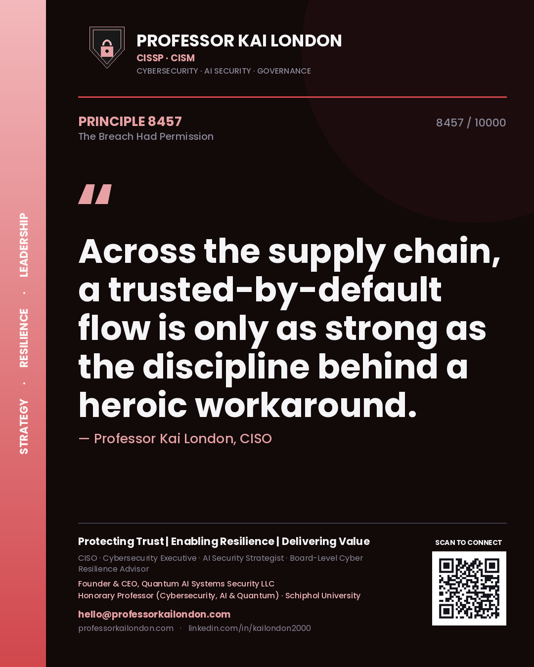 Quote card by Professor Kai London reading 'Across the supply chain, a trusted-by-default flow is only as strong as the discipline behind a heroic workaround.'. From the book The Breach Had Permission.