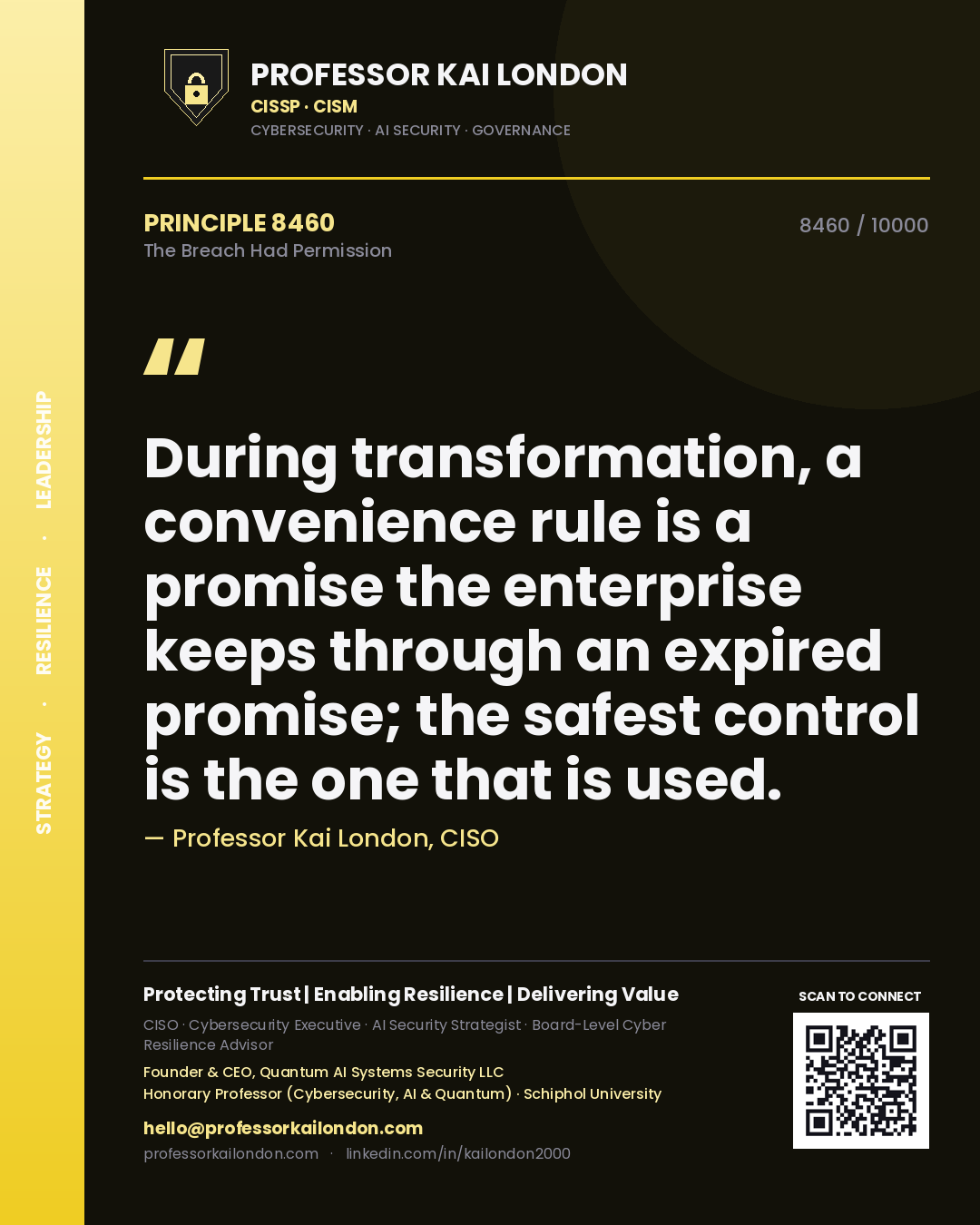 Quote card by Professor Kai London reading 'During transformation, a convenience rule is a promise the enterprise keeps through an expired promise; the safest control is the one that is used.'. From the book The Breach Had Permission.