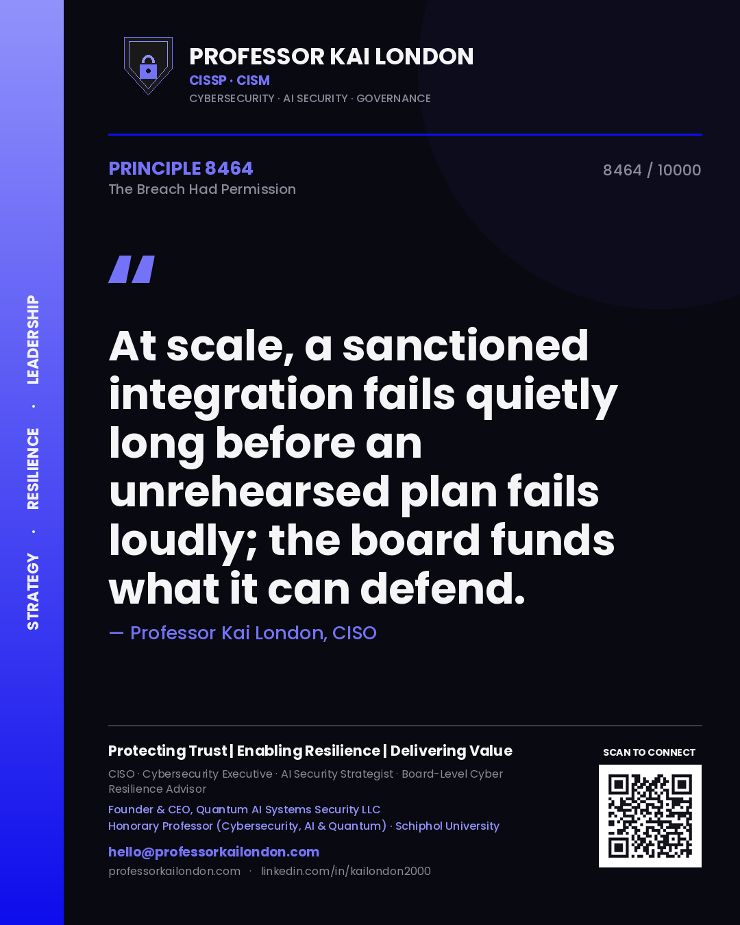 Quote card by Professor Kai London reading 'At scale, a sanctioned integration fails quietly long before an unrehearsed plan fails loudly; the board funds what it can defend.'. From the book The Breach Had Permission.