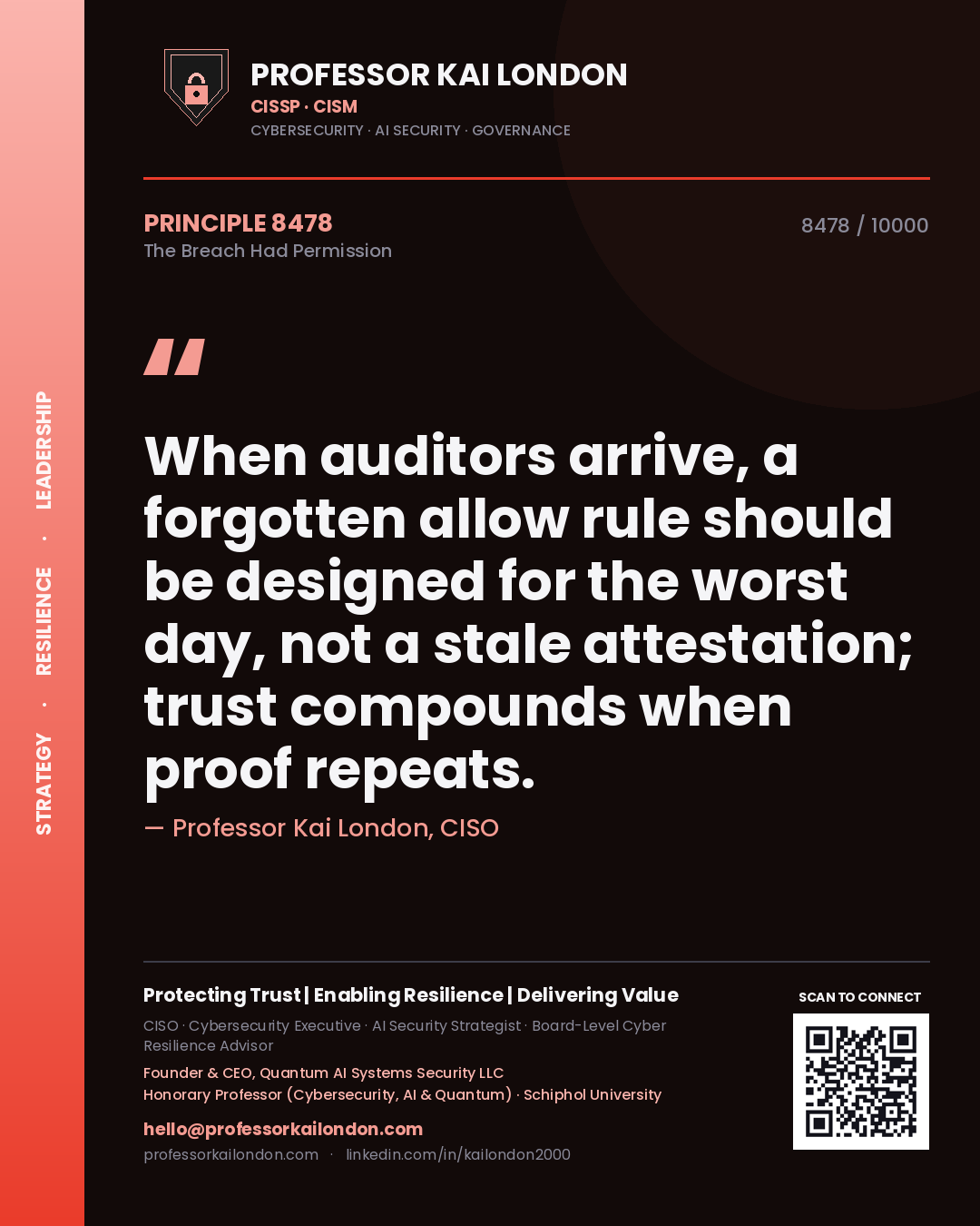 Quote card by Professor Kai London reading 'When auditors arrive, a forgotten allow rule should be designed for the worst day, not a stale attestation; trust compounds when proof repeats.'. From the book The Breach Had Permission.