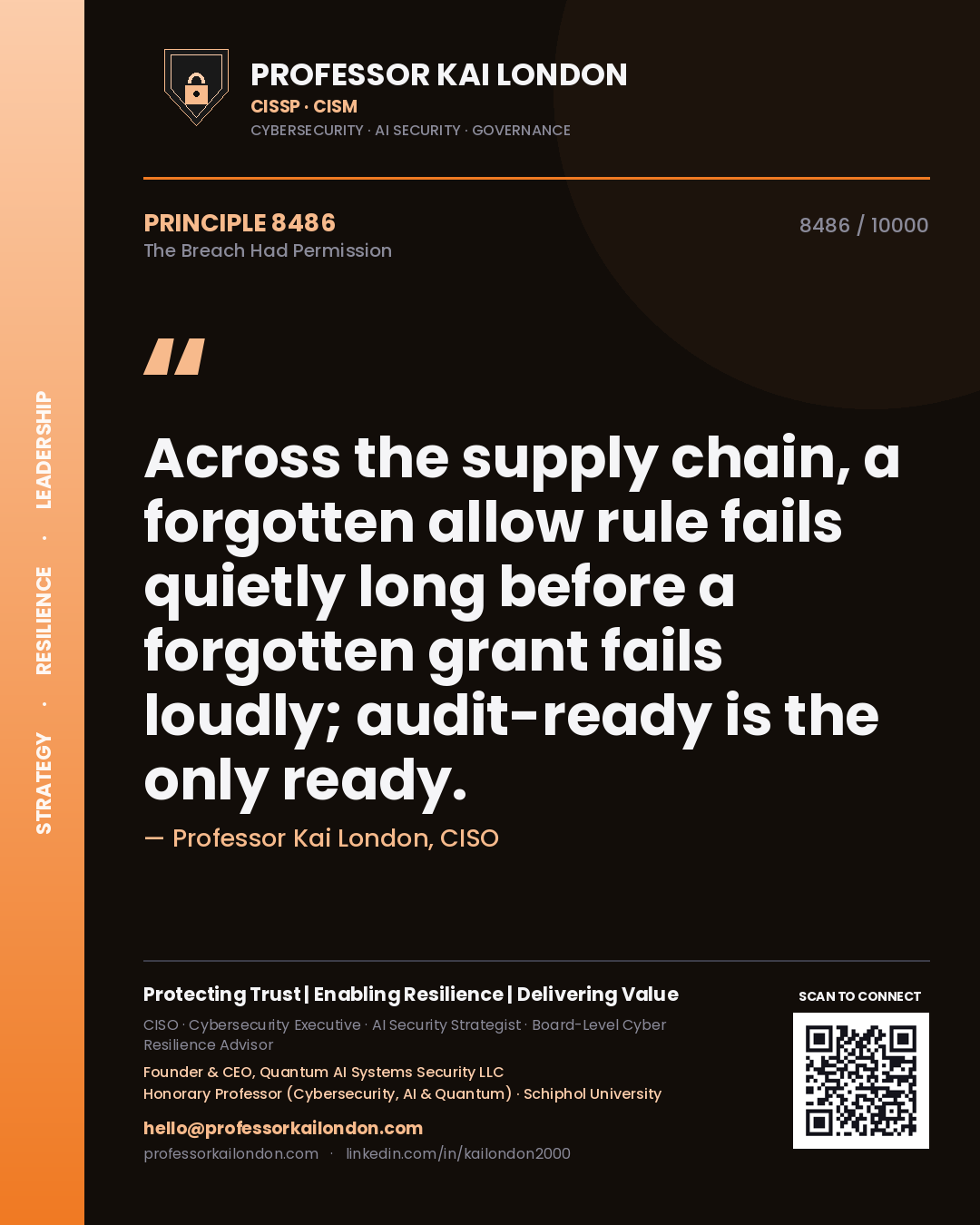 Professor Kai London principle 8486: Across the supply chain, a forgotten allow rule fails quietly long before a forgotten grant fails loudly; audit-ready is the only ready.