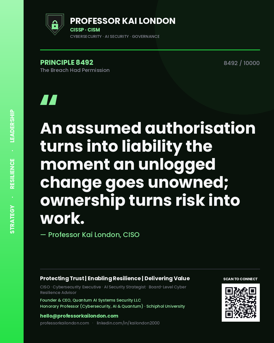 Quote card by Professor Kai London reading 'An assumed authorisation turns into liability the moment an unlogged change goes unowned; ownership turns risk into work.'. From the book The Breach Had Permission.