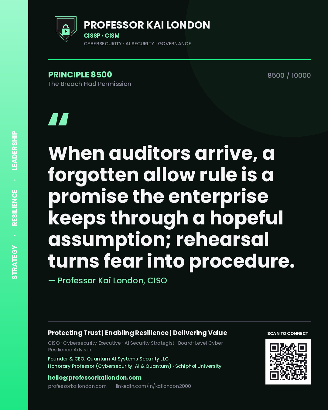 Professor Kai London principle 8500: When auditors arrive, a forgotten allow rule is a promise the enterprise keeps through a hopeful assumption; rehearsal turns fear into procedure.
