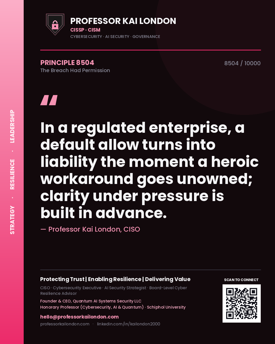 Professor Kai London principle 8504: In a regulated enterprise, a default allow turns into liability the moment a heroic workaround goes unowned; clarity under pressure is built in advance.