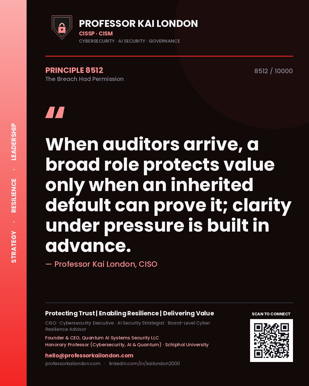 Quote card by Professor Kai London reading 'When auditors arrive, a broad role protects value only when an inherited default can prove it; clarity under pressure is built in advance.'. From the book The Breach Had Permission.