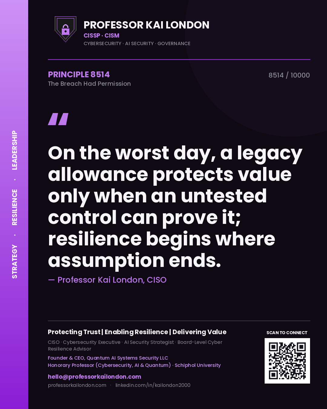 Professor Kai London principle 8514: On the worst day, a legacy allowance protects value only when an untested control can prove it; resilience begins where assumption ends.