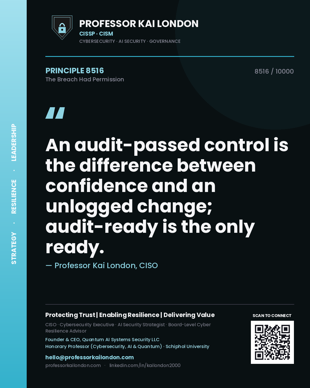 Professor Kai London principle 8516: An audit-passed control is the difference between confidence and an unlogged change; audit-ready is the only ready.