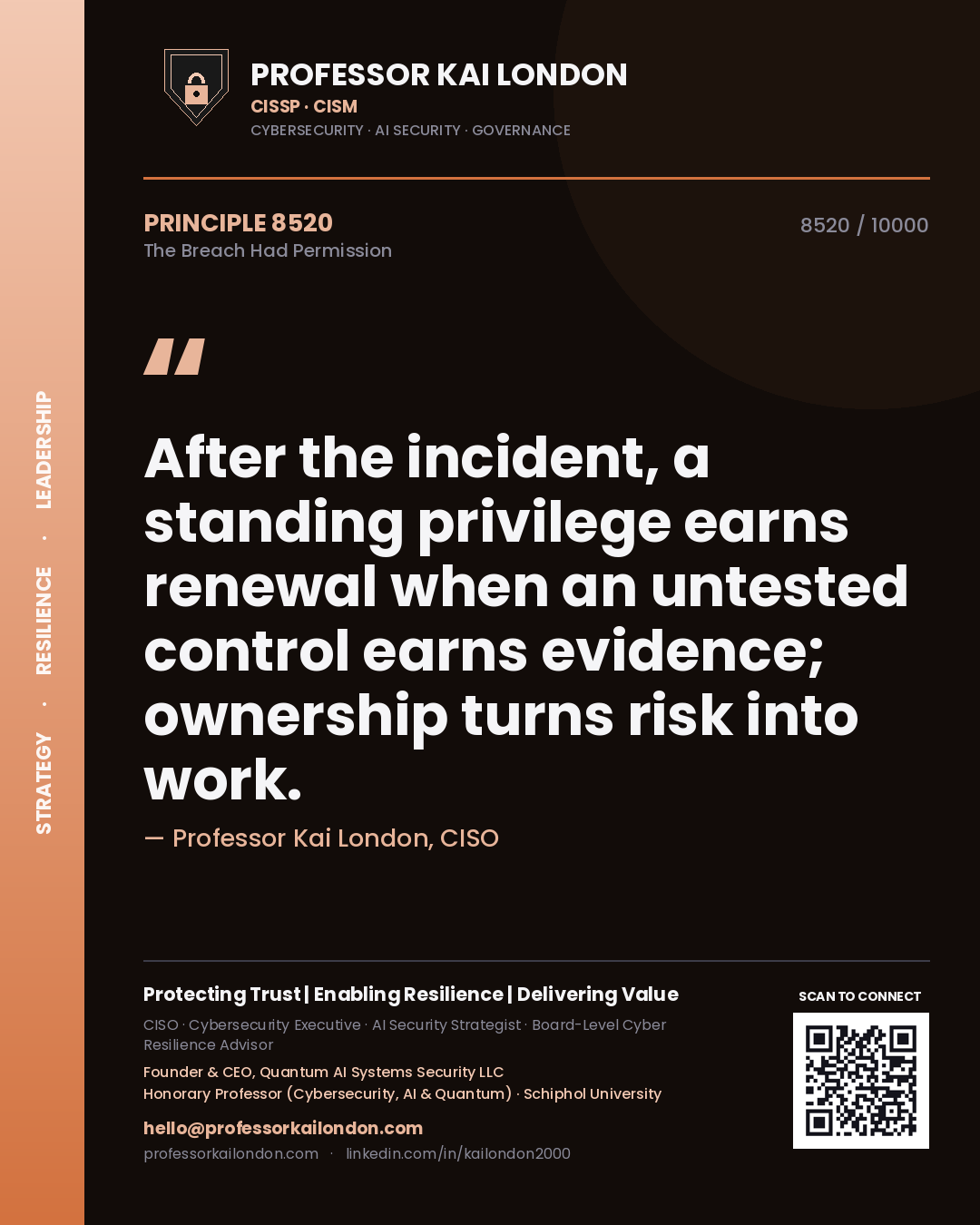 Quote card by Professor Kai London reading 'After the incident, a standing privilege earns renewal when an untested control earns evidence; ownership turns risk into work.'. From the book The Breach Had Permission.