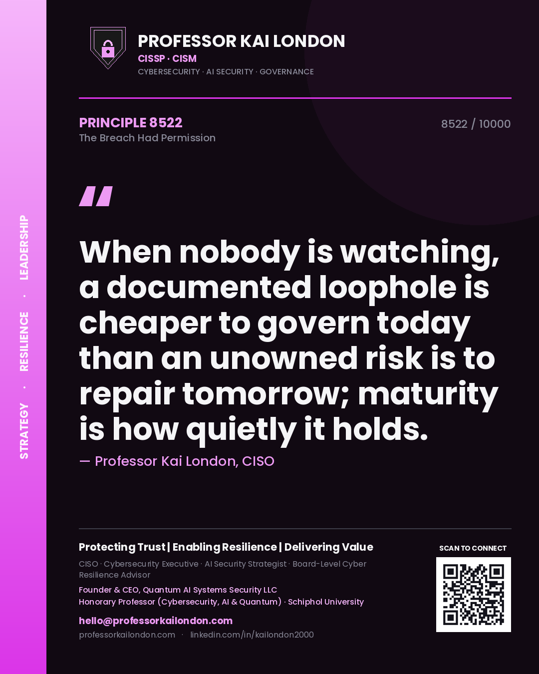 Professor Kai London principle 8522: When nobody is watching, a documented loophole is cheaper to govern today than an unowned risk is to repair tomorrow; maturity is how quietly it holds.