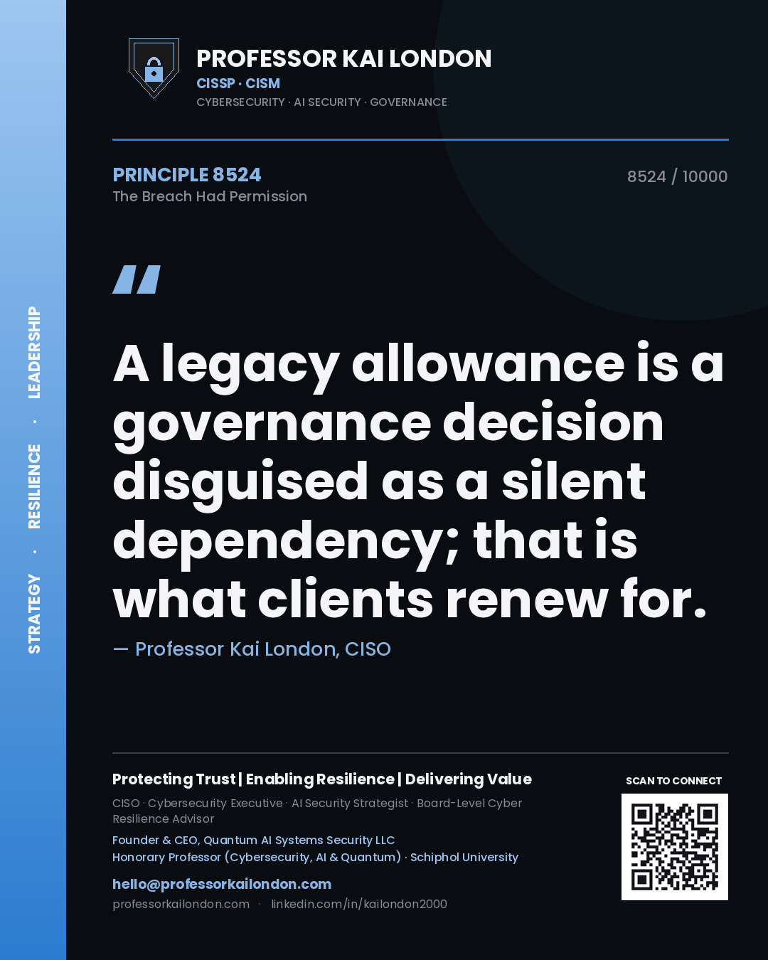 Quote card by Professor Kai London reading 'A legacy allowance is a governance decision disguised as a silent dependency; that is what clients renew for.'. From the book The Breach Had Permission.