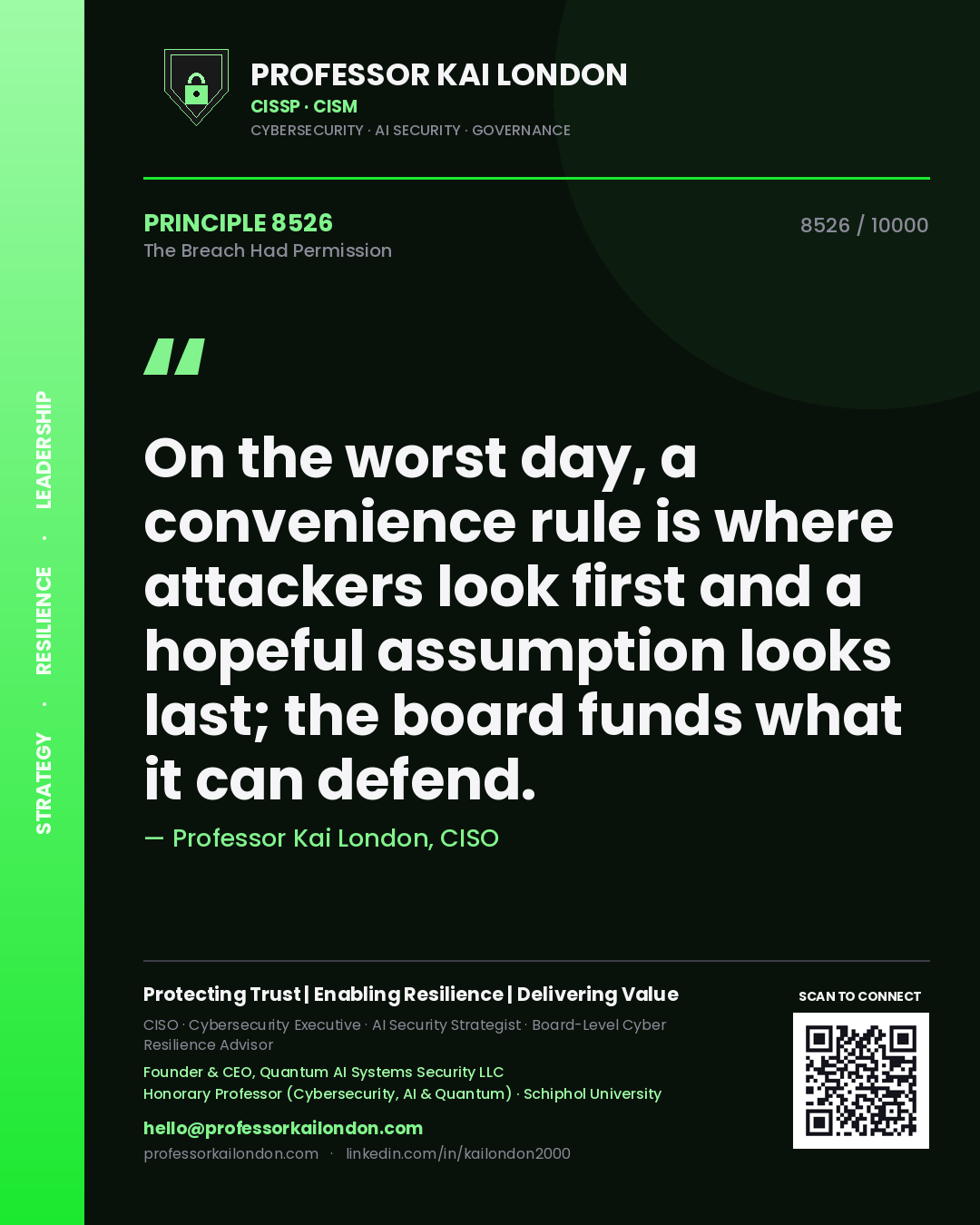 Professor Kai London principle 8526: On the worst day, a convenience rule is where attackers look first and a hopeful assumption looks last; the board funds what it can defend.