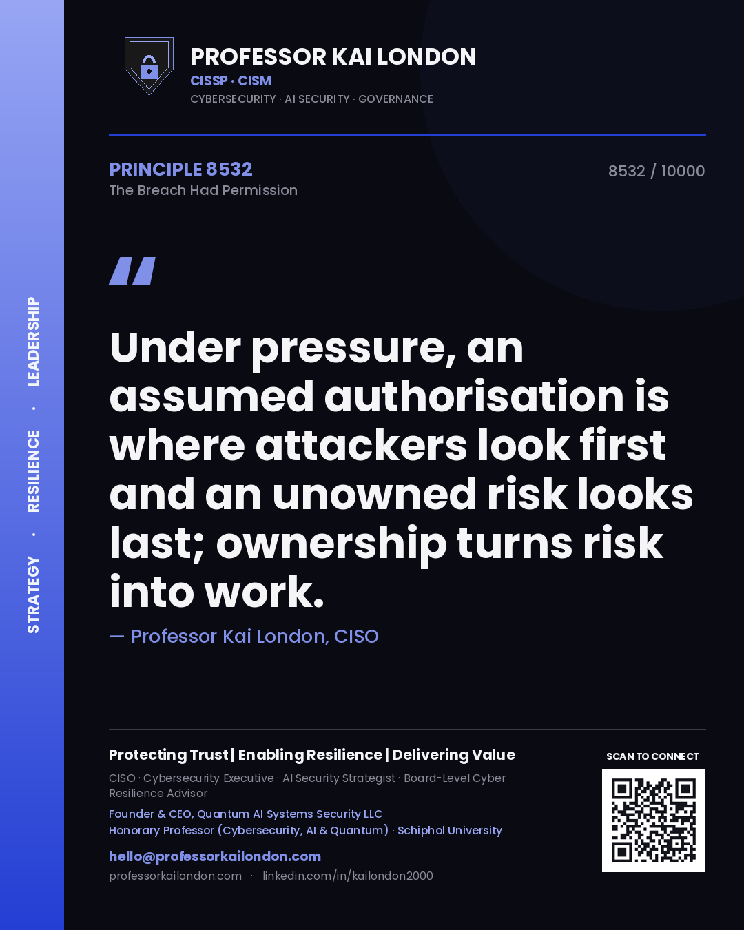 Quote card by Professor Kai London reading 'Under pressure, an assumed authorisation is where attackers look first and an unowned risk looks last; ownership turns risk into work.'. From the book The Breach Had Permission.