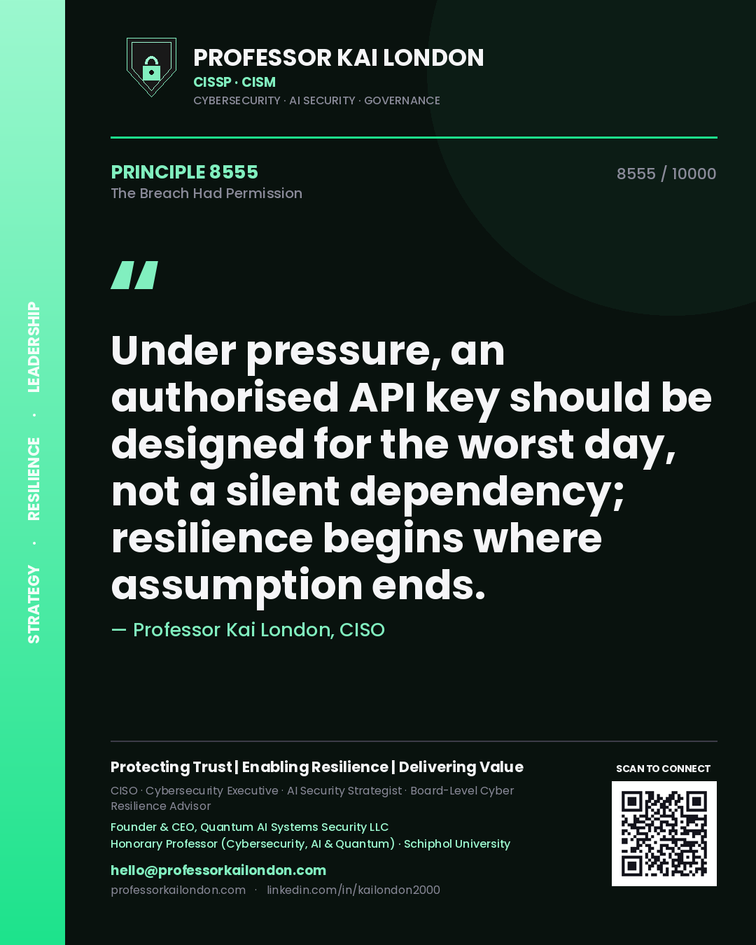 Quote card by Professor Kai London reading 'Under pressure, an authorised API key should be designed for the worst day, not a silent dependency; resilience begins where assumption ends.'. From the book The Breach Had Permission.