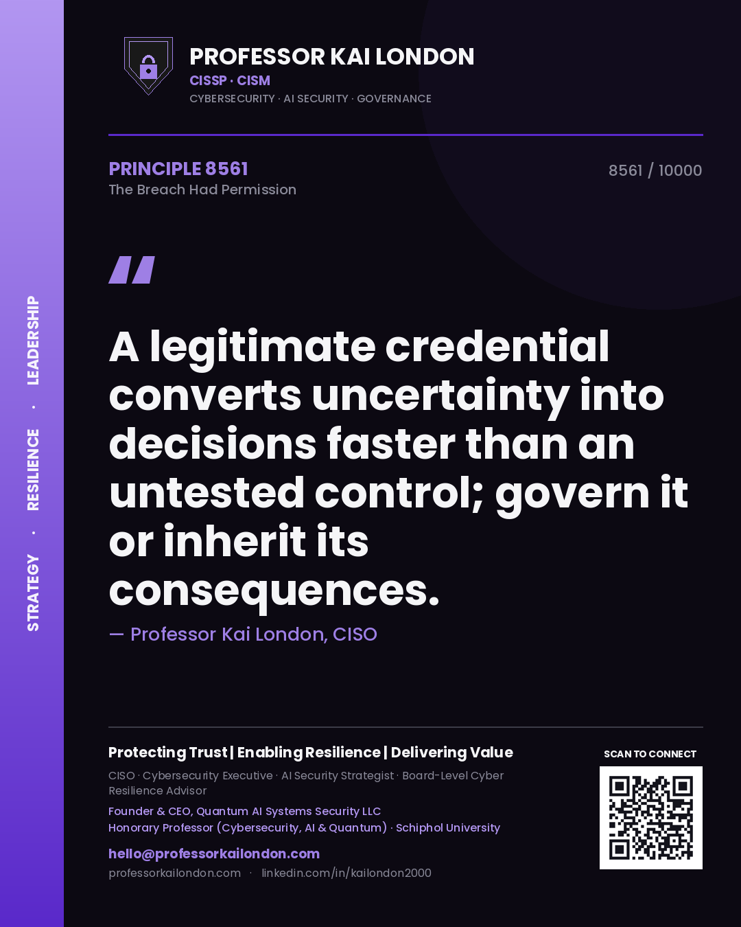 Professor Kai London principle 8561: A legitimate credential converts uncertainty into decisions faster than an untested control; govern it or inherit its consequences.