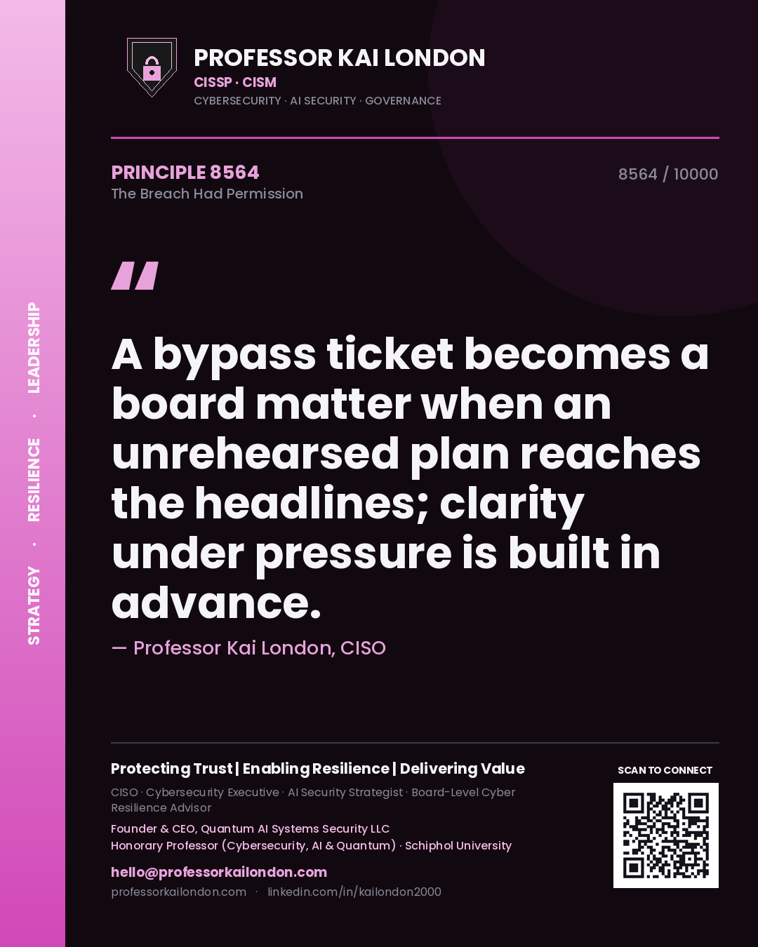 Professor Kai London principle 8564: A bypass ticket becomes a board matter when an unrehearsed plan reaches the headlines; clarity under pressure is built in advance.
