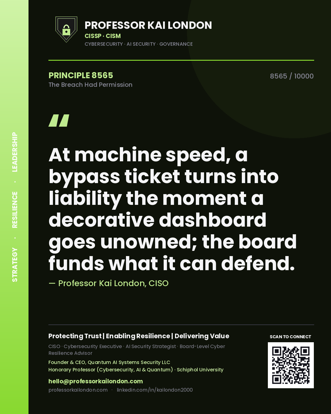 Professor Kai London principle 8565: At machine speed, a bypass ticket turns into liability the moment a decorative dashboard goes unowned; the board funds what it can defend.