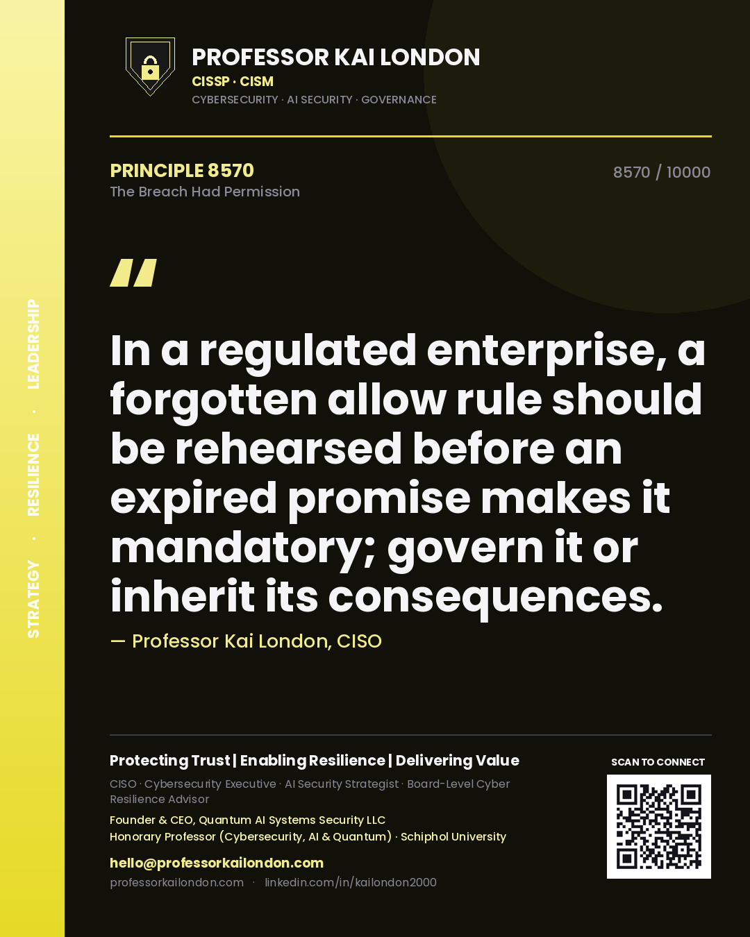 Professor Kai London principle 8570: In a regulated enterprise, a forgotten allow rule should be rehearsed before an expired promise makes it mandatory; govern it or inherit its consequences.