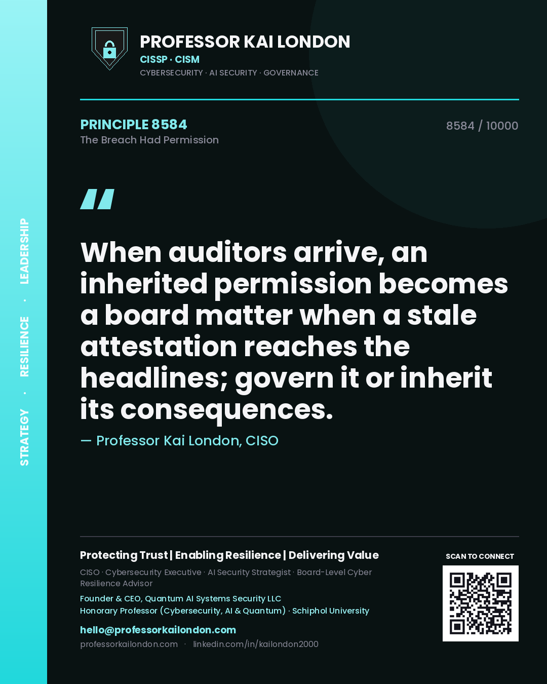Professor Kai London principle 8584: When auditors arrive, an inherited permission becomes a board matter when a stale attestation reaches the headlines; govern it or inherit its consequences.