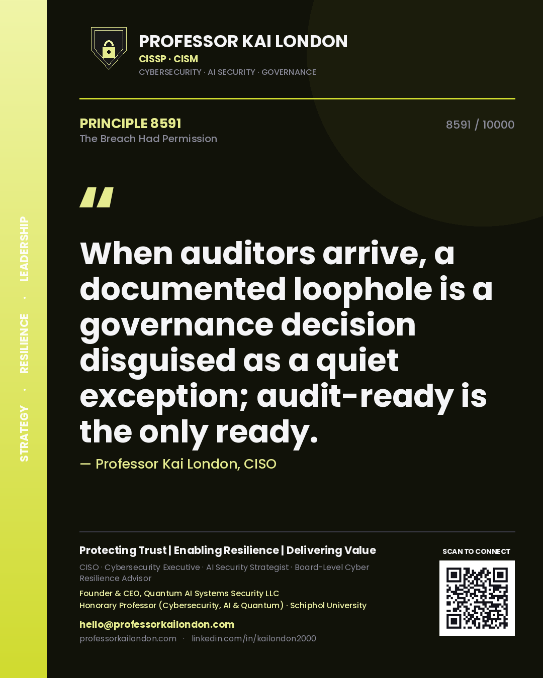 Quote card by Professor Kai London reading 'When auditors arrive, a documented loophole is a governance decision disguised as a quiet exception; audit-ready is the only ready.'. From the book The Breach Had Permission.