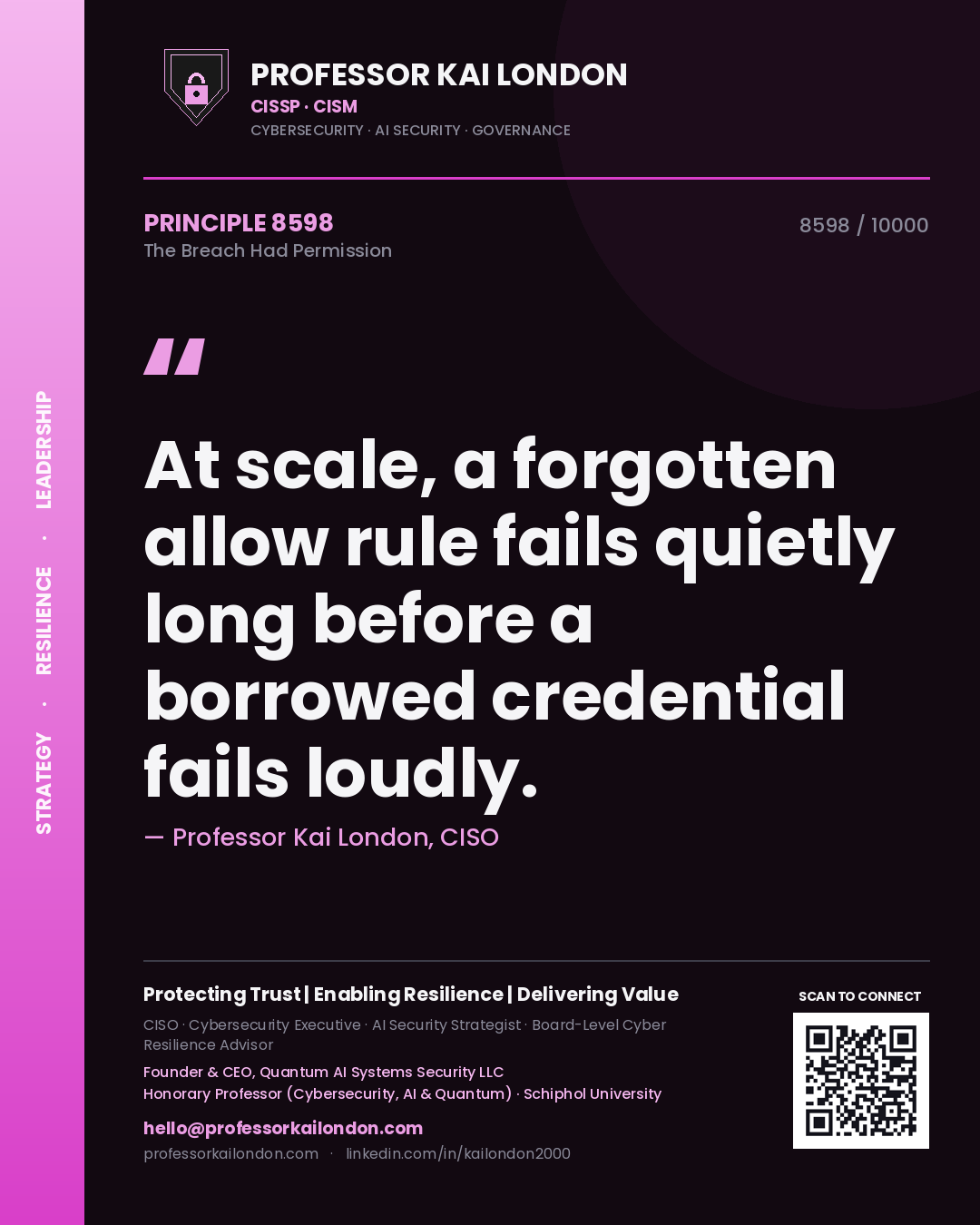 Professor Kai London principle 8598: At scale, a forgotten allow rule fails quietly long before a borrowed credential fails loudly.