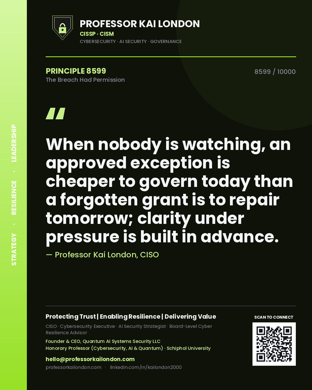Professor Kai London principle 8599: When nobody is watching, an approved exception is cheaper to govern today than a forgotten grant is to repair tomorrow; clarity under pressure is built in advance.