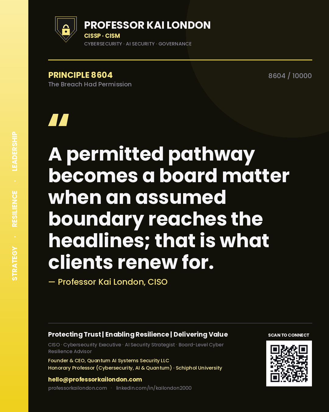 Professor Kai London principle 8604: A permitted pathway becomes a board matter when an assumed boundary reaches the headlines; that is what clients renew for.