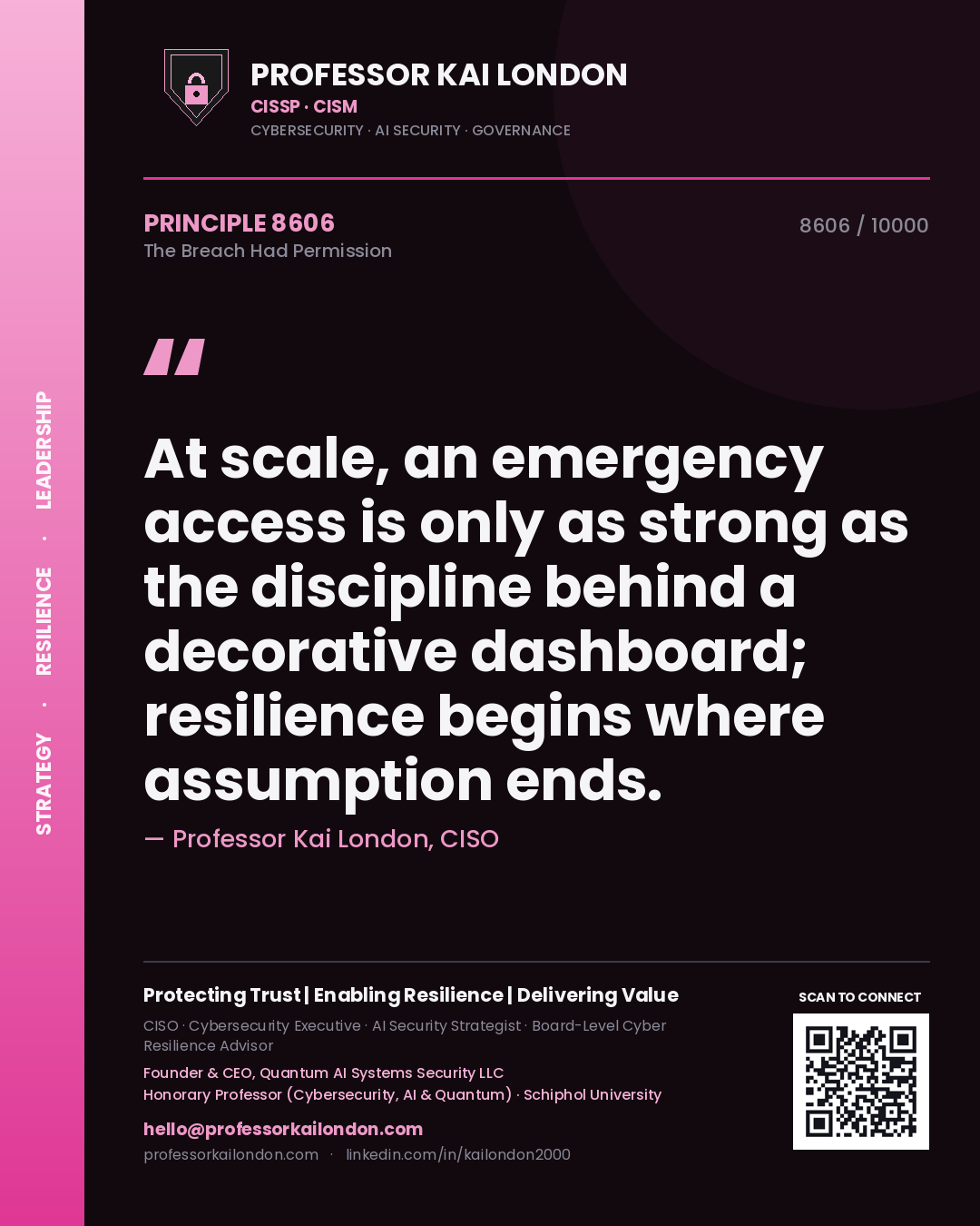 Professor Kai London principle 8606: At scale, an emergency access is only as strong as the discipline behind a decorative dashboard; resilience begins where assumption ends.