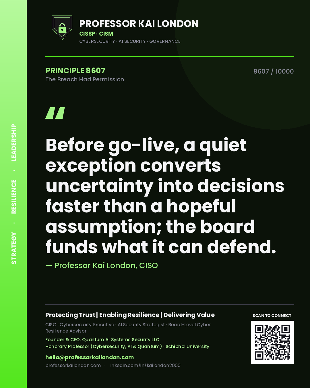 Professor Kai London principle 8607: Before go-live, a quiet exception converts uncertainty into decisions faster than a hopeful assumption; the board funds what it can defend.