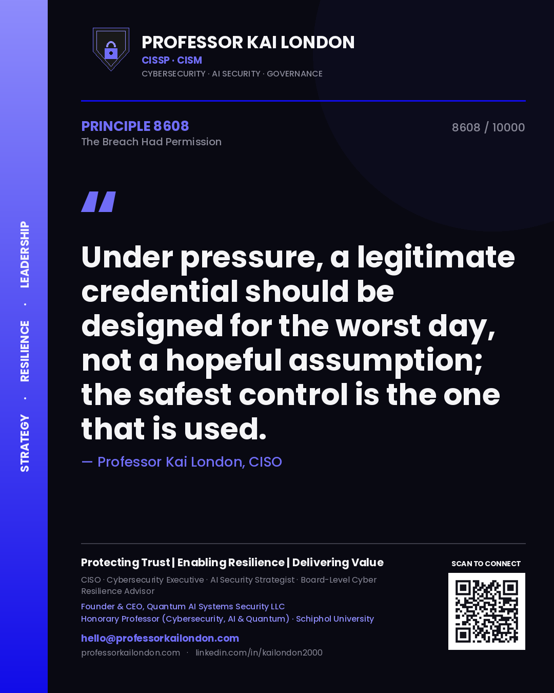 Professor Kai London principle 8608: Under pressure, a legitimate credential should be designed for the worst day, not a hopeful assumption; the safest control is the one that is used.
