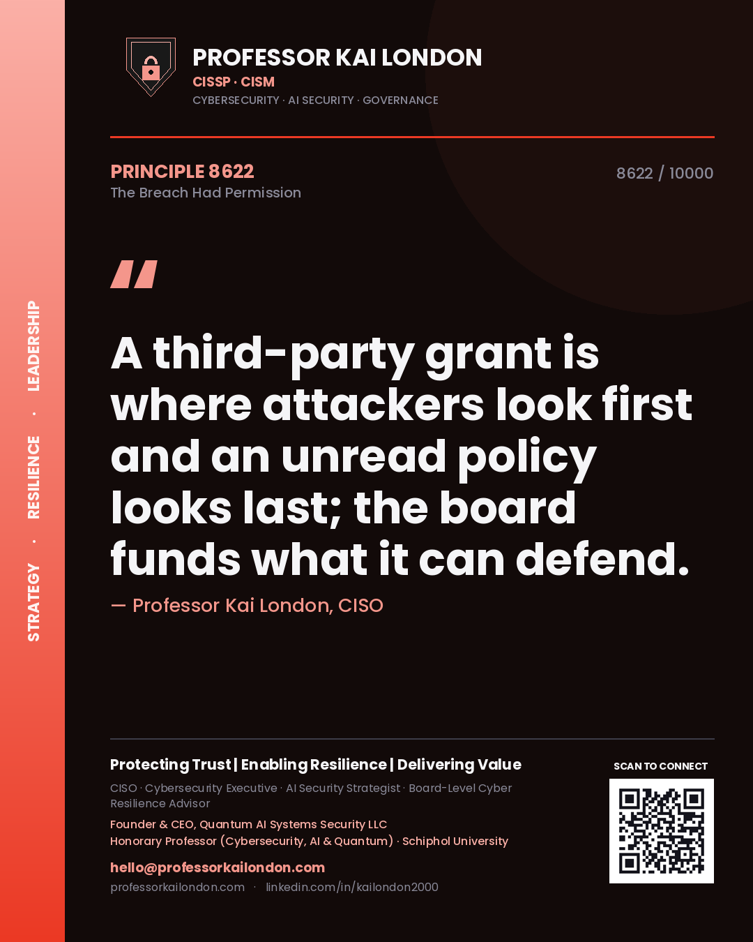 Professor Kai London principle 8622: A third-party grant is where attackers look first and an unread policy looks last; the board funds what it can defend.