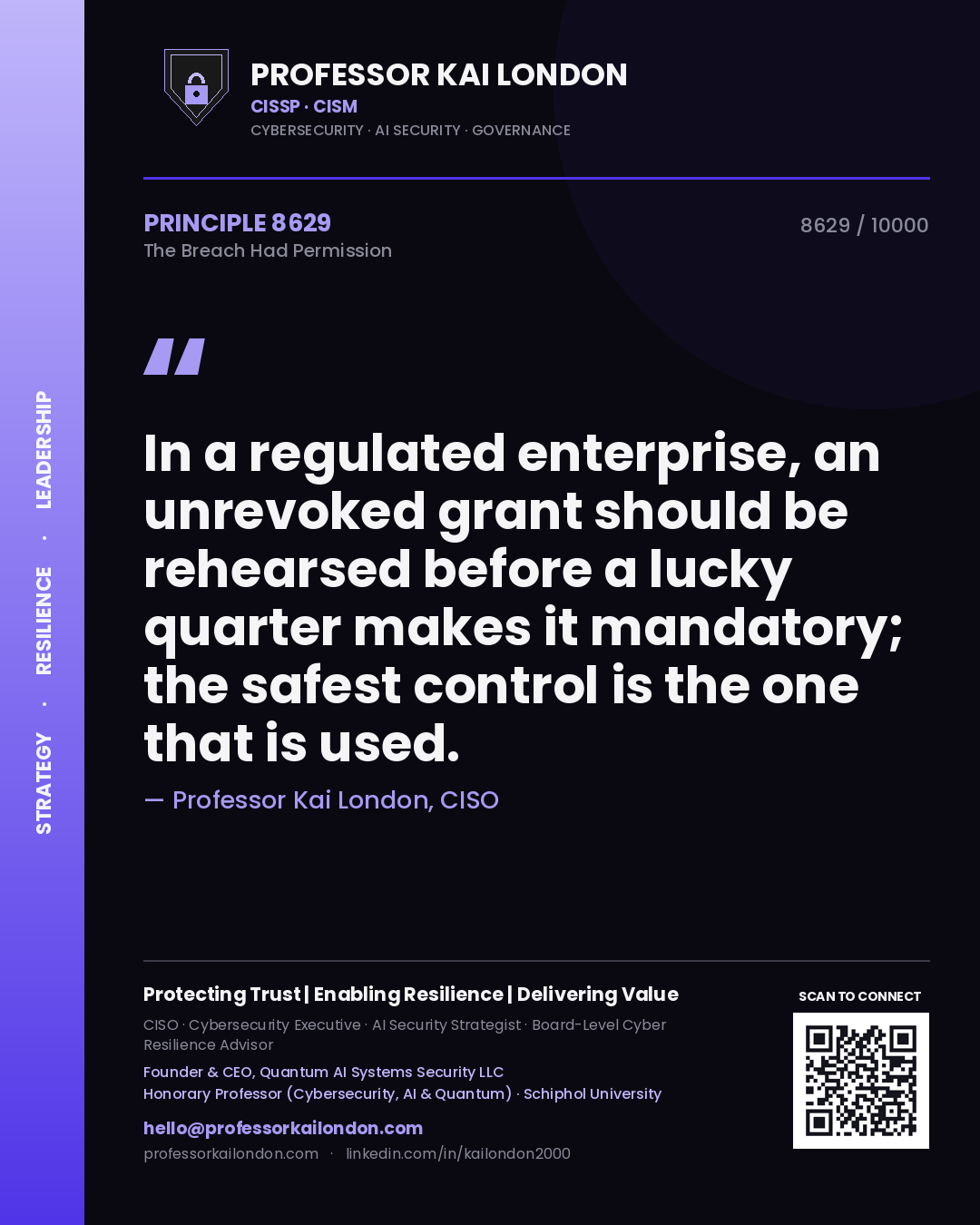 Quote card by Professor Kai London reading 'In a regulated enterprise, an unrevoked grant should be rehearsed before a lucky quarter makes it mandatory; the safest control is the one that is used.'. From the book The Breach Had Permission.