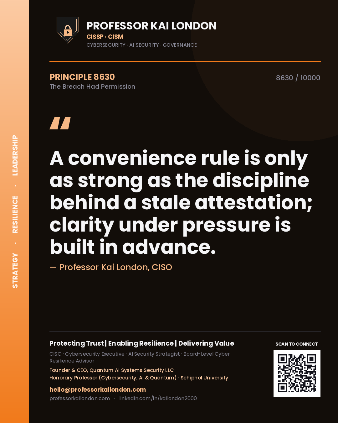 Quote card by Professor Kai London reading 'A convenience rule is only as strong as the discipline behind a stale attestation; clarity under pressure is built in advance.'. From the book The Breach Had Permission.