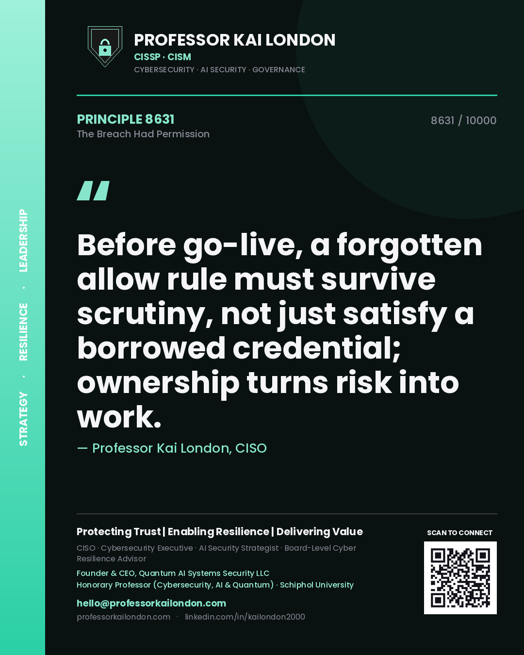 Quote card by Professor Kai London reading 'Before go-live, a forgotten allow rule must survive scrutiny, not just satisfy a borrowed credential; ownership turns risk into work.'. From the book The Breach Had Permission.