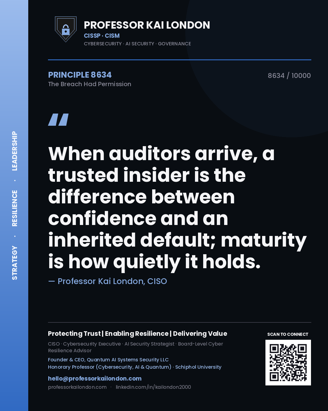 Quote card by Professor Kai London reading 'When auditors arrive, a trusted insider is the difference between confidence and an inherited default; maturity is how quietly it holds.'. From the book The Breach Had Permission.