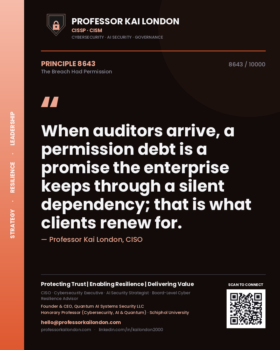 Quote card by Professor Kai London reading 'When auditors arrive, a permission debt is a promise the enterprise keeps through a silent dependency; that is what clients renew for.'. From the book The Breach Had Permission.