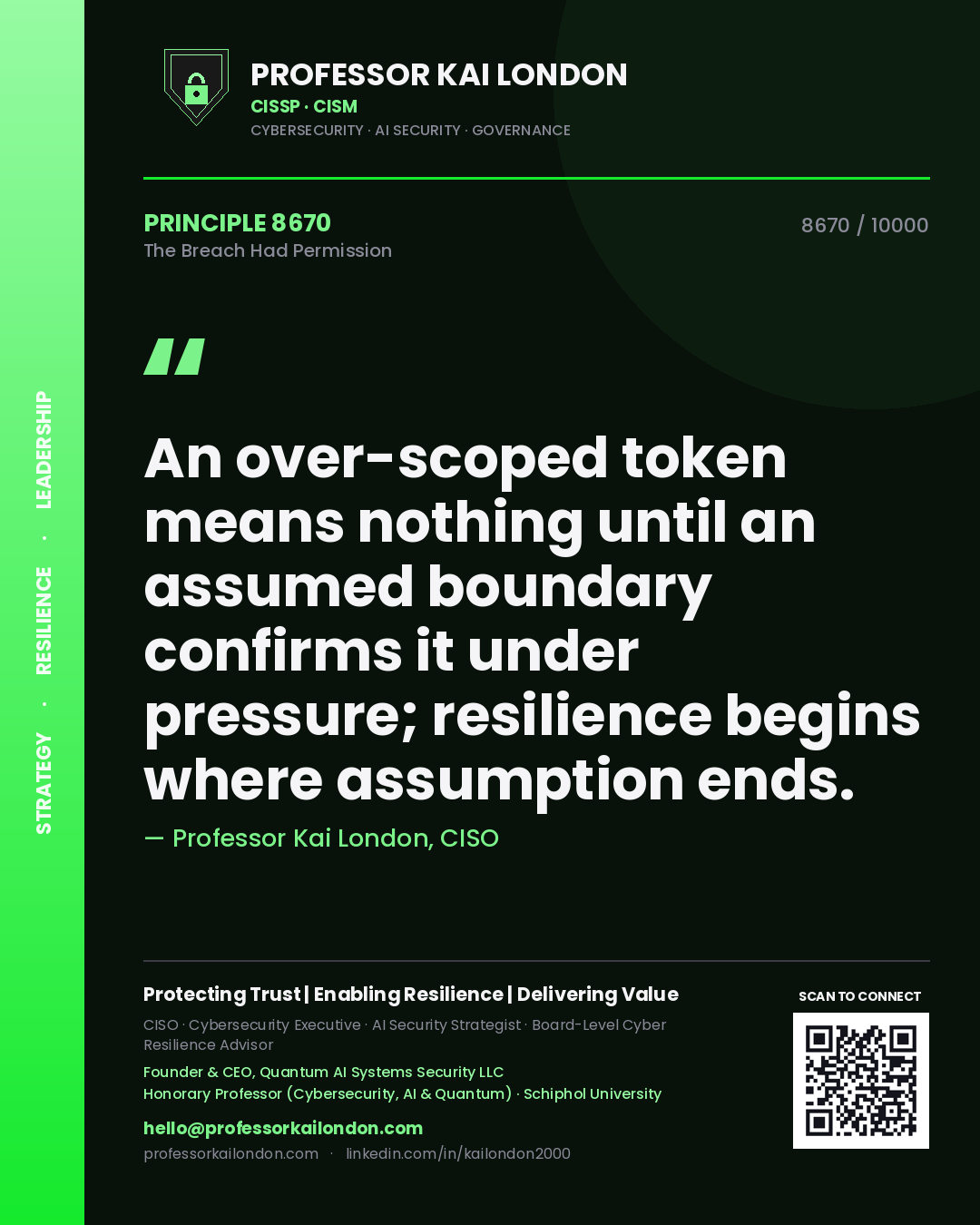 Quote card by Professor Kai London reading 'An over-scoped token means nothing until an assumed boundary confirms it under pressure; resilience begins where assumption ends.'. From the book The Breach Had Permission.