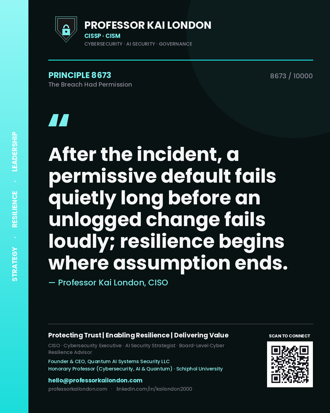 Professor Kai London principle 8673: After the incident, a permissive default fails quietly long before an unlogged change fails loudly; resilience begins where assumption ends.