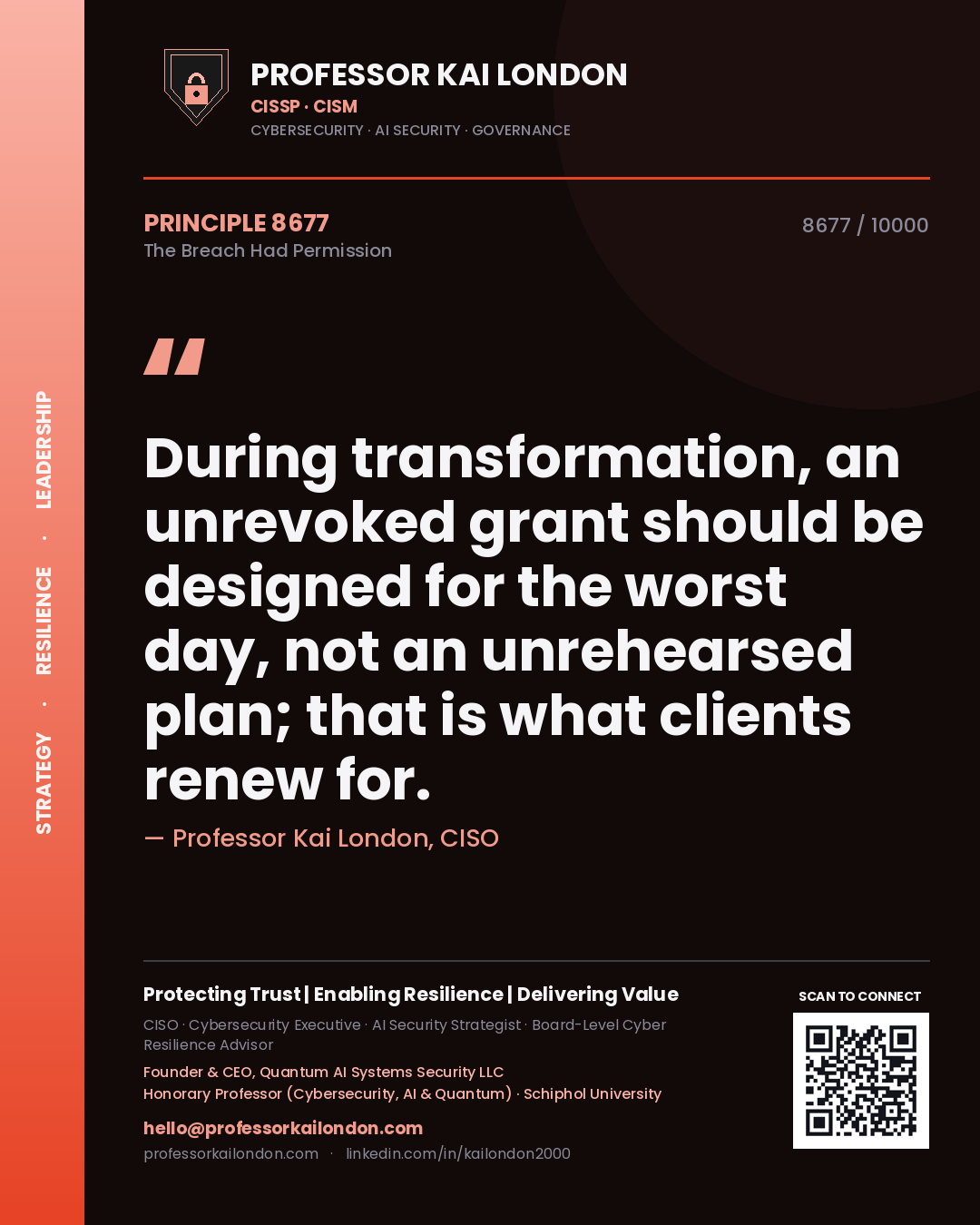 Quote card by Professor Kai London reading 'During transformation, an unrevoked grant should be designed for the worst day, not an unrehearsed plan; that is what clients renew for.'. From the book The Breach Had Permission.