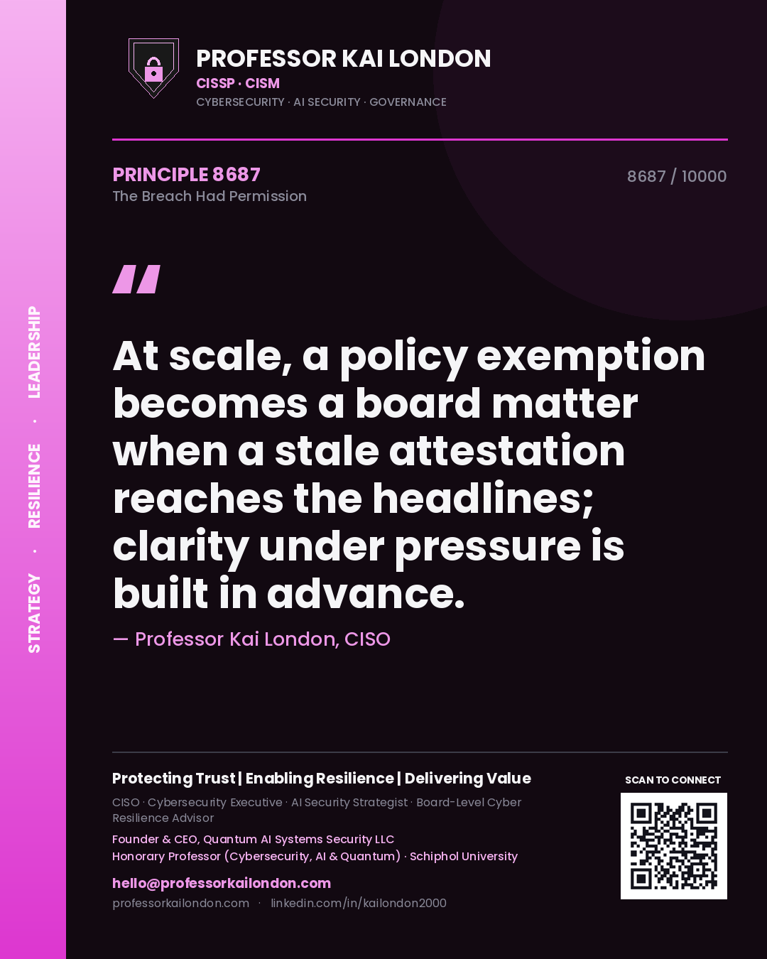 Professor Kai London principle 8687: At scale, a policy exemption becomes a board matter when a stale attestation reaches the headlines; clarity under pressure is built in advance.